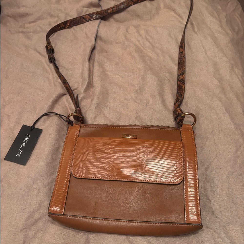 Rachel Zoe crossbody bag purse NEW faux leather crocodile skin texture tan